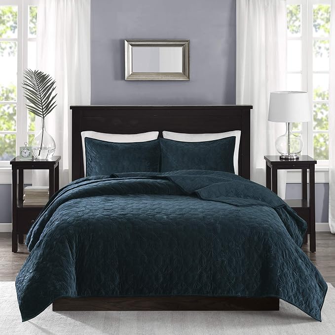 Madison Park Harper Quilt Set Velvet Casual Geometric Stitching Design All Season, Lightweight Coverlet, Cozy Bedding, Matching Shams, Full/Queen(90"x90"), Teal 3 Piece