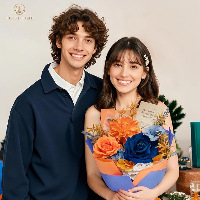 TINGE TIME Preserved Flowers Bouquet, Orange & Navy Blue Roses Gift Bouquet, Eternal Roses Bouquet for Wedding, Table Centerpieces, Mothers Day, Birthday Gifts, Anniversary, Graduation