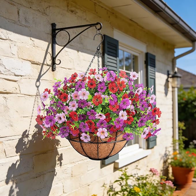 Artificial Fake Hanging Flowers Plants Basket Outdoors, Faux Silk UV Resistant Look Real Daisy Eucalyptus for Spring Summer Garden Porch Home Patio Balcony Yard Decorations, Red Purple Pink