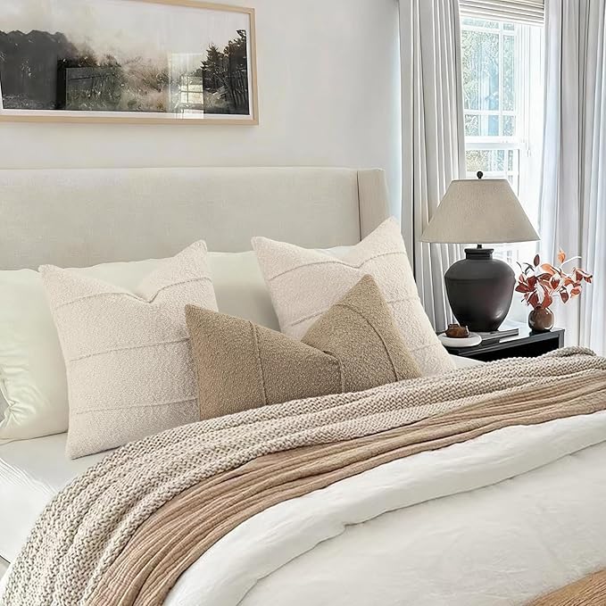 YCOLL Textured Boucle Throw Pillow Covers 18x18 Pack of 2 - Soft Neutral Striped Cushion Covers, Cozy Accent Decorative Pillow Covers for Couch, Sofa, Bed, Living Room (Beige)