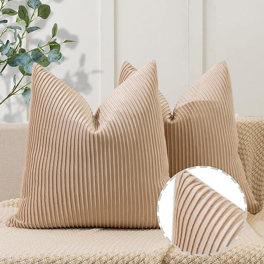 YCOLL Tan Pillow Covers 18x18 Set of 2 Velvet Striped Pattern - Soft Throw Pillows for Home Decor, Luxury Decorative Pillow Covers for Couch, Bed,Living Room