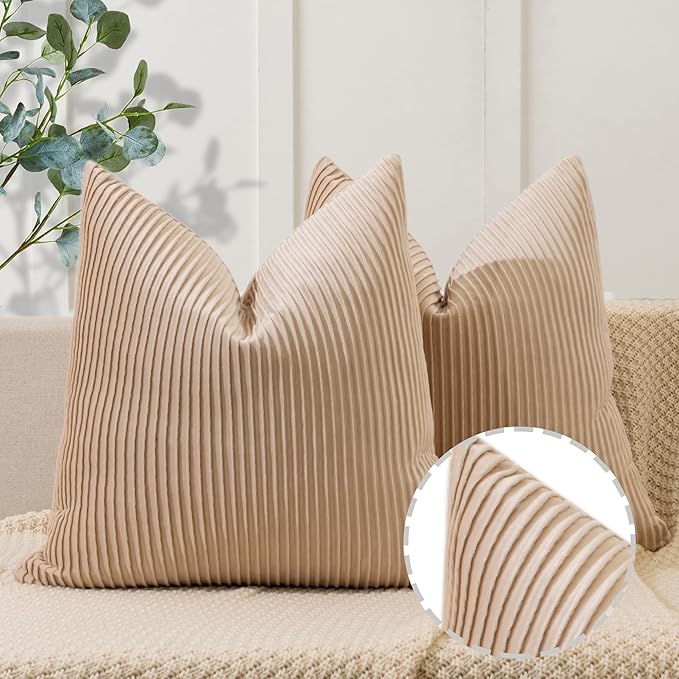YCOLL Tan Pillow Covers 20x20 Set of 2 Velvet Striped Pattern - Soft Throw Pillows for Home Decor, Luxury Decorative Pillow Covers for Couch, Bed,Living Room