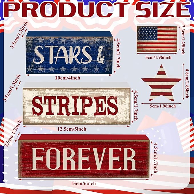 CroBlissful 5 Pcs 4th of July Decorations Patriotic Memorial Day Tabletop Decoration Forever Red White Blue Table Centerpieces Sign for Office Tiered Tray Home Shelf 250th Anniversary