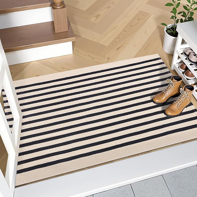 OLANLY Beige and Black Striped Rug 2'4" x 3'7" (27.5" x 43") – Washable Cotton Doormat for Indoor Outdoor Use, Layered Front Porch Rug for Entryway, Kitchen, Patio