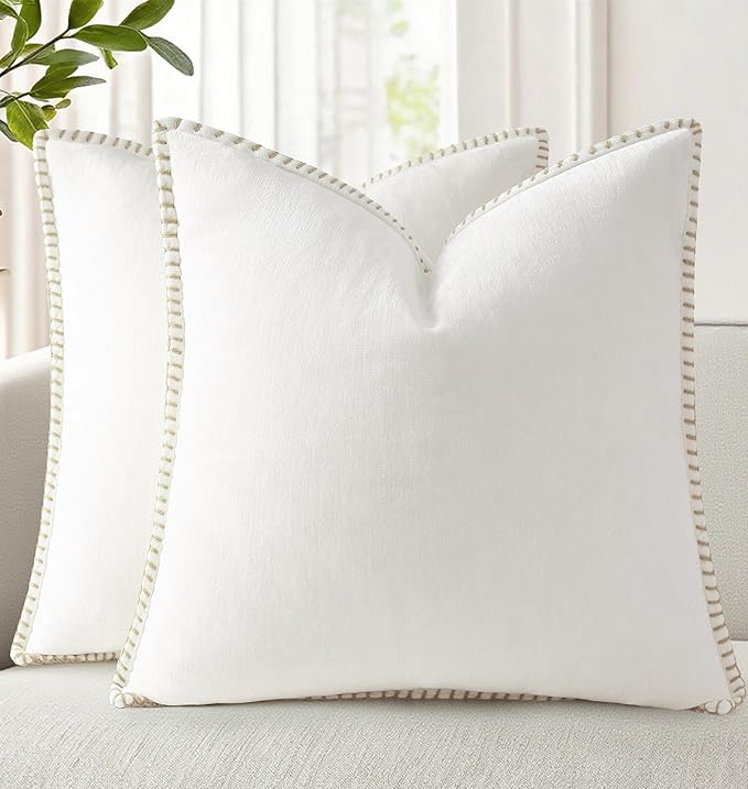 decorUhome Summer Chenille Soft Cozy Throw Pillow Covers 22x22 Set of 2, Modern Farmhouse Boho Velvet Decorative Euro Sham Pillow Cases with Stitched Edge for Couch Sofa Bed Home Decor, Cream White