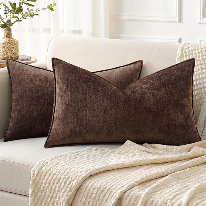 decorUhome Summer Couch Throw Pillow Covers 12x20 Set of 2, Decorative Soft Velvet Modern Cozy Chenille Lumbar Pillow Cases with Elegant Design for Sofa Bed Living Room Home Decor, Dark Brown