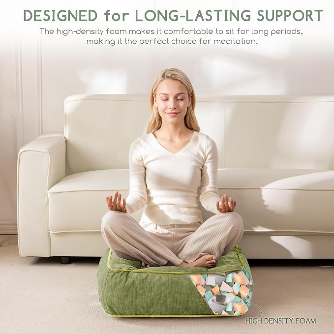 HIGOGOGO 6" Extra Thick Floor Pillow Cushion for Adults, Meditation Cushion Pillow with Handle, Lustrous Chenille Tufted, Square Floor Sitting for Tatami Living Room or Yoga, 22x22 Inch, 2Pack, Green