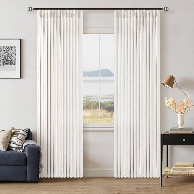 Semi Sheer Pinch Pleated 86 Inch Curtains 2 Panels Set for Sliding Glass Doors, Ivory Beige Memory Trained Thick Linen Light Filtering Rustic Window Drapes Living Room Curtain 40 x 86 Inches Long