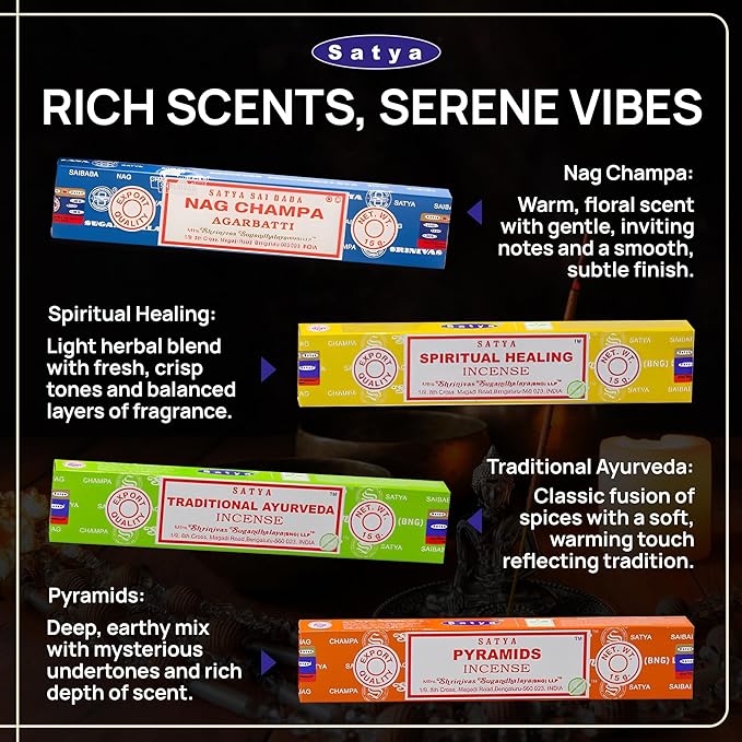 Satya Incense Sticks - Nag Champa, Namaste, Positive Vibes, Tantra, Buddha Blessing, Aura Cleansing, Chakra, Pyramids, Reiki, Karma, Spiritual, Traditional Ayurveda, Pack of 12 Assorted Fragrances