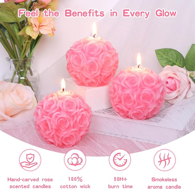 Hand-Poured Rose Pillar Candles Set of 3 (3.54"x3.35"), 150+ Hours Burn Time Dripless, Rose Scented Candles, Smokeless, Mother’s Day & Weddings Decor Candle Lover Gift