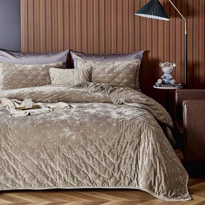 Tache Velvet Dreams Luxurious Velveteen Velour Super Soft Plush Warm Cozy Diamond Tufted Polka Dot Quilted Coverlet Tan Beige Neutral Bedspread Set, Full
