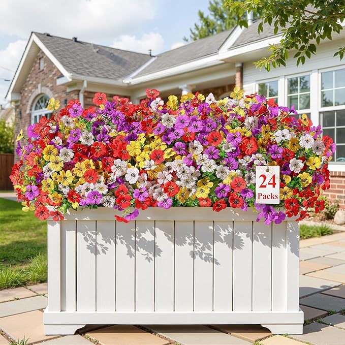 Alupssuc 24 Bundles Artificial Flowers for Outdoors Decoration, UV Resistant Silk Faux Floral Spring Fake Plastic Plants Greenery for Outside Indoor Home Porch Window Planter Decor, Mix 4 Colors
