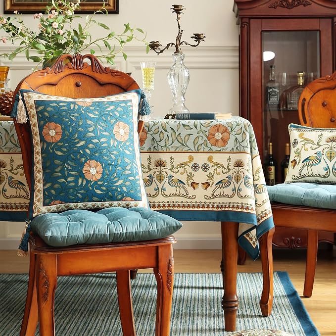 patdrea French Vintage Linen Throw Pillow Cover,18"x18",Set of 2-Wensel A | Decorative Pillow Case,Teal Floral Pattern,Pillow Cover for Couch Living Room Bedroom Sofa,Fringe Trim