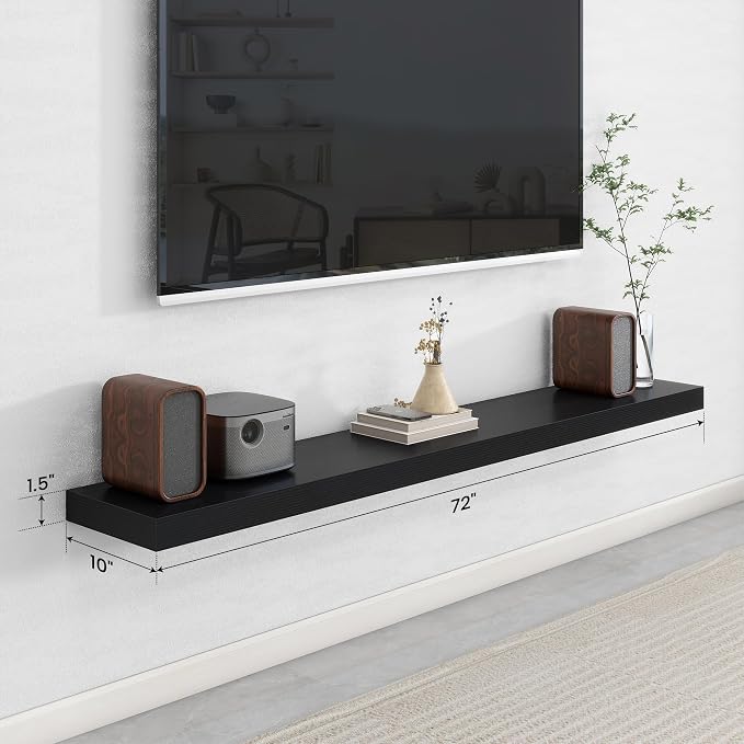 Axeman 72Inch Floating Shelves for Wall, Rustic Wood Shelves for Bedroom, Bathroom, Kitchen, Hanging Wall Mounted Shelf with Invisible Brackets for Books Decor, Set of 1, Black