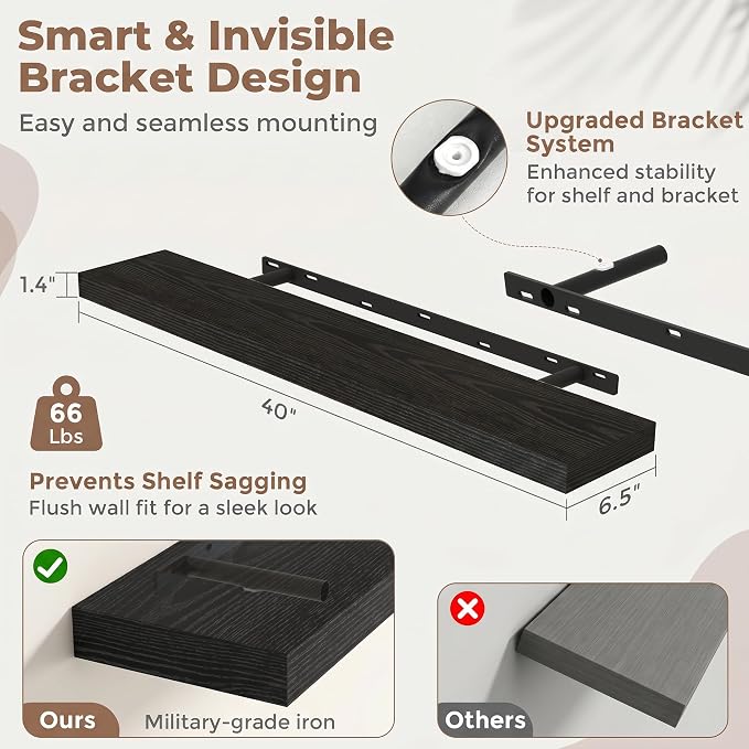 Venusmiles Floating Shelves for Wall, 40 Inch Floating Shelves Set of 2, 6.5" D Wooden Wall Mounted Display Shelves with Invisible Brackets for Living Room, Bedroom, Bathroom, Kitchen Decor, Black