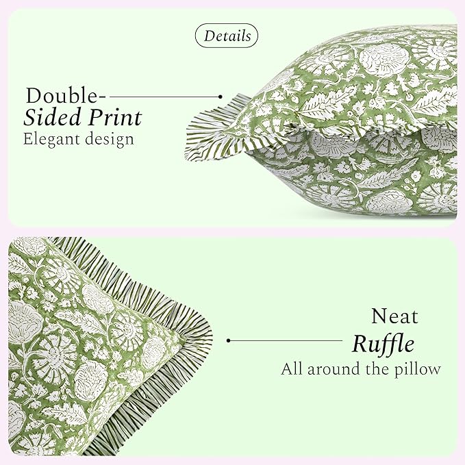 CPC Olive Bloom Hand Block Print 100% Cotton Ruffle Throw Pillow Cover 20x20 inch with Hidden Zipper Decorative for Couch, Bed, Sofa, Farmhouse, Cottagecore Decor Gift Christmas Fall Thanksgiving