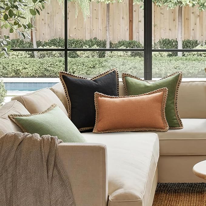 Phantoscope Pack of 2 Farmhouse Decorative Throw Pillow Cover Solid Burlap Linen Trimmed Tailored Edges, Olive Green, 12 x 20 inches, 30 x 50 cm