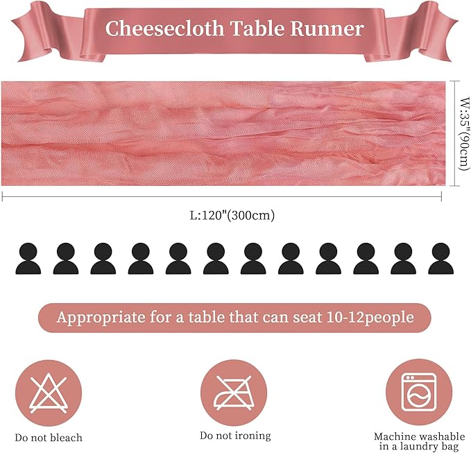 12 Pack Rose Cheesecloth Table Runner 10FT Long Easter Spring Boho Gauze Table Runner Rustic Sheer Runner for Wedding Bridal Baby Shower Birthday Party Table Decor Home Easter Decorations