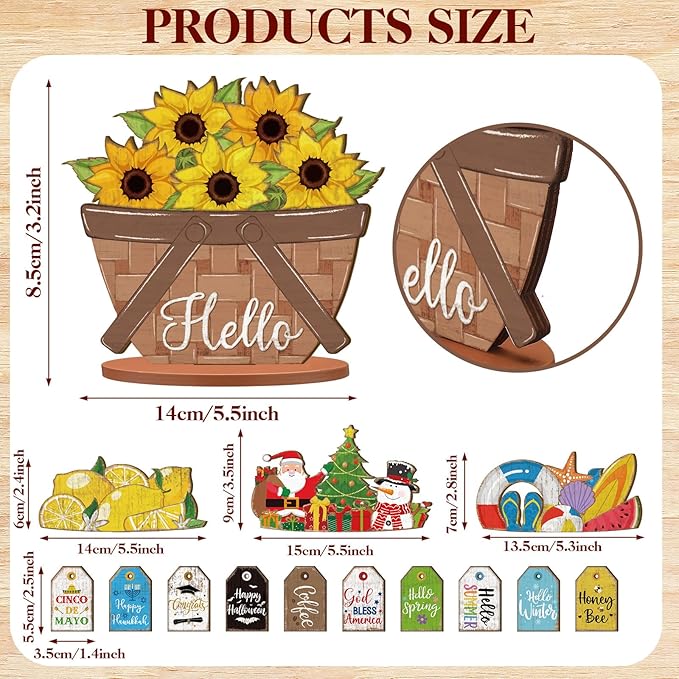 42 Pcs Small Interchangeable Flower Basket Memorial Day Decor Holiday Seasonal Sign Wood Rustic Farmhouse DIY Hanging Drop July 4th Home Office Desk Accessories Tiered Tray Decoration Gift