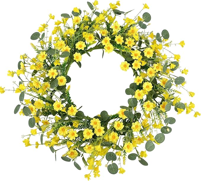 Pinkpum 22 Inch Yelllow Daisy Eucalyptus Wreath, Artificial Spring Summer Floral Wreath for Front Door, Farmhouse Wedding Wall Window Decor
