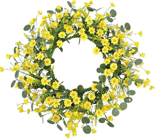Pinkpum 22 Inch Yelllow Daisy Eucalyptus Wreath, Artificial Spring Summer Floral Wreath for Front Door, Farmhouse Wedding Wall Window Decor
