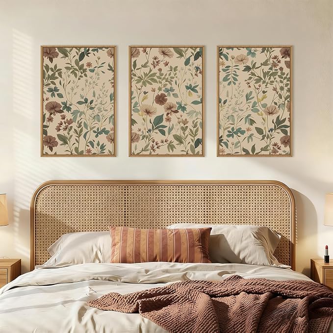 Vintage William Morris Botanical Wildflower Framed Canvas Wall Art Set,Minimalist Neutral Taupe Muted Floral Wall Decor,Boho Nature Botanical Artwork for Living Room,Bedroom,Farmhouse-16"x24"x3