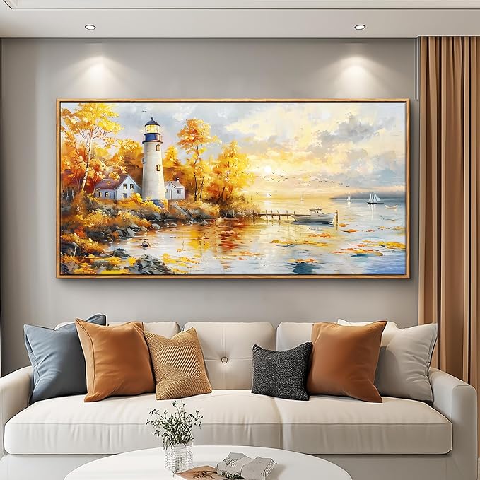 XIGUANGART Coastal Wall Art,Beach Pictures Wall Art,Lighthouse Landscape Canvas Painting,Sailboat Ocean Wall Decor, Nautical Large Framed Artwork for Living Room Bedroom Office Home Decoration 24X48