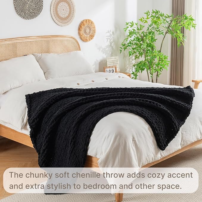 Chunky Knit Blanket Throw, 100% Hand Knit Throw Blanket Handmade Chenille Cable Knit Throw for Couch, Stylish Cozy Soft Rope Knot Crochet Blanket for Home Decor, Black, 50x60 Inches