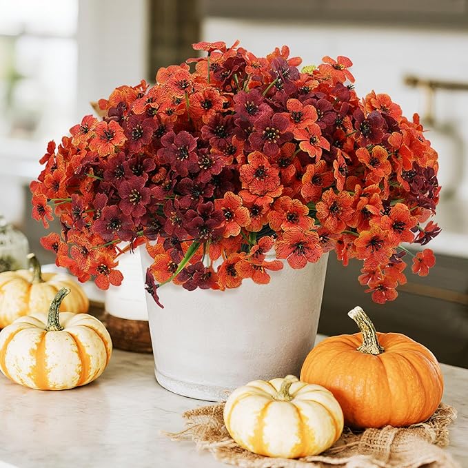 Geegoods Artificial Mum Flowers for Outdoors, 16 Bundles UV Resistant Faux Plastic Mum Flowers for Halloween Front Door Porch Patio Yard Balcony Decor