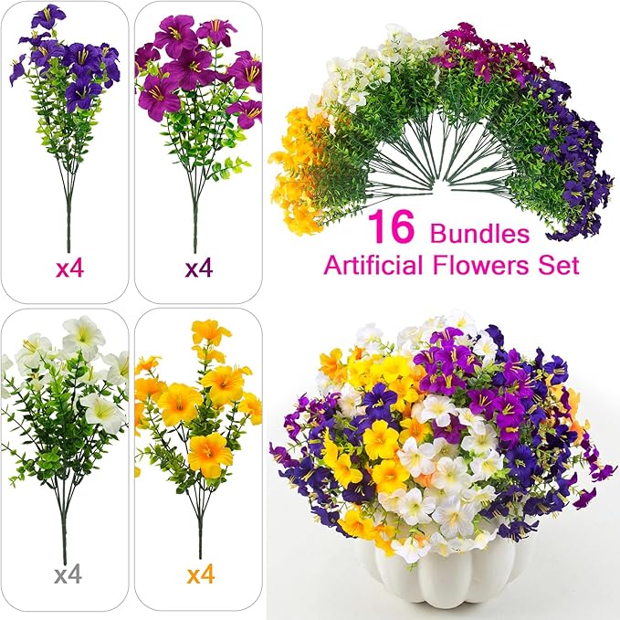 16 Pcs Faux Petunias Artificial Flowers For Outdoors, UV Resistant Fake Petunias Plants Realistic Silk Flowers for Porch Front Door Garden Window Outside Decor (16, White,Yellow,Purple,RedViolet)