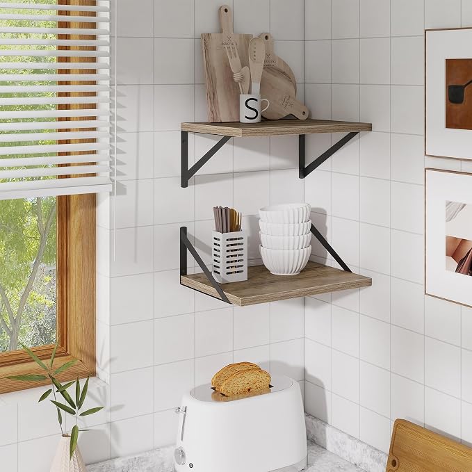 Acovy Deep Floating Shelves,16" Wx10 D Floating Shelves for Wall Set of 2,Heavy Duty Wood Floating Shelf with Metal Bracket,Wall Mounted Hanging Shelf for Living Room Bedroom Bathroom Kitchen,Grey
