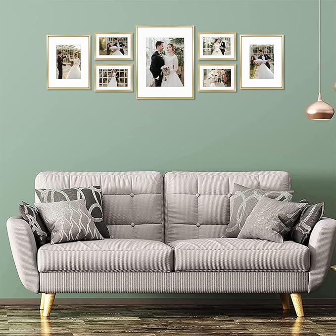 Golden State Art, Picture Frame Set 7 Pack, Gallery Wall Frame with One 11x14, Two 8x10, and Four 5x7. Aluminum Photos Frame for Wall or Tabletop Display (Style 1, Gold, 7 Pack)
