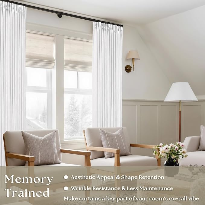 TWODRAPES Snow White Pinch Pleated Linen Curtains 92 Inches Long 2 Panels for Living Room Bedroom Memory Training Shaped Semi Sheer Pleat Drapes with Hooks Rings Light Filtering Window Curtain 40x92