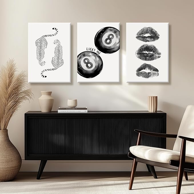 Trendy Leopard Wall Art Cheetah Canvas Prints Black 8 Ball Wall Decor Preppy Aesthetic Poster Lucky Leopard Pictures Funky Painting Retro Kiss Artwork for Bedroom Living Room 12x16 Inch Ready to Hang