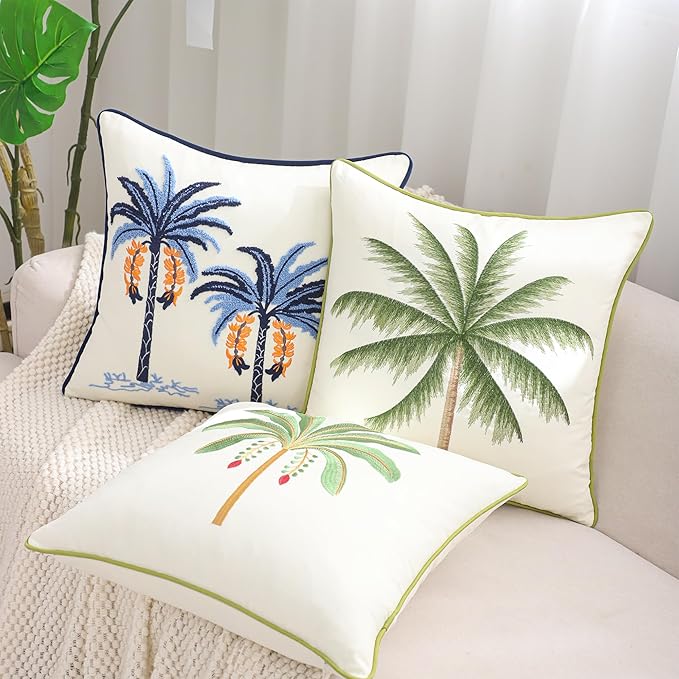 Tropical Palm Tree Pillow Covers 18x18 inch Pack of 2 Boho Embroidered Throw Pillow Covers Farmhouse Cushions Cases Square Pillowcases Spring Summer Home Decor