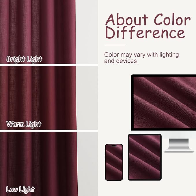 Aersas Burgundy 90 Inches Long Grommet Linen Curtains 2 Panels Set for Living Room Dining Semi Sheer Light Filtering Morden Farmhouse 90 Inch Length Window Curtain for Bedroom 52x90