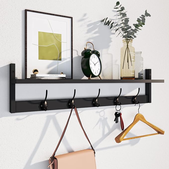 AMBIRD Wall Hooks with Shelf Entryway Hanging Wood Coat Hooks with Shelf Wall-Mounted Coat Hook Rack with 5 Dual Hooks for Bathroom, Living Room, Bedroom (Stylish Black)