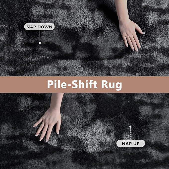 FinRèc 6x9 Washable Area Rugs for Bedroom Living Room, Low Pile Thin Ultra Soft Shag Rug, Non-Slip Carpet Indoor for Home Decor (Tie-dye Dark Grey)