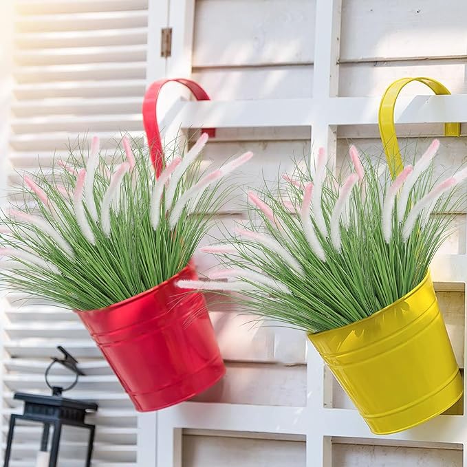 14PCS Artificial White Pink Tip Dog Tail Grass Onion Grass UV Resistant Outdoors Faux Shrubs Ornamental Wheat Grass Cattails Faux Bushes Home Decor for Outdoor Garden