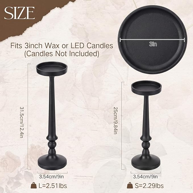 Set of 2 Black Antique Brass Candlestick Holder Vintage Cast Iron Tall Candle Stand for 3 Inch Pillars Metal Candle Stand for Party Table Decor