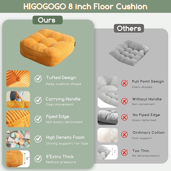 HIGOGOGO 8" Extra Thick Floor Pillow Cushion for Adults, Meditation Cushion Pillow, Large Square Floor Sitting, Tufted Corduroy Cover, for Tatami Living Room or Yoga, 22x22 Inch, 2Pack, Orange