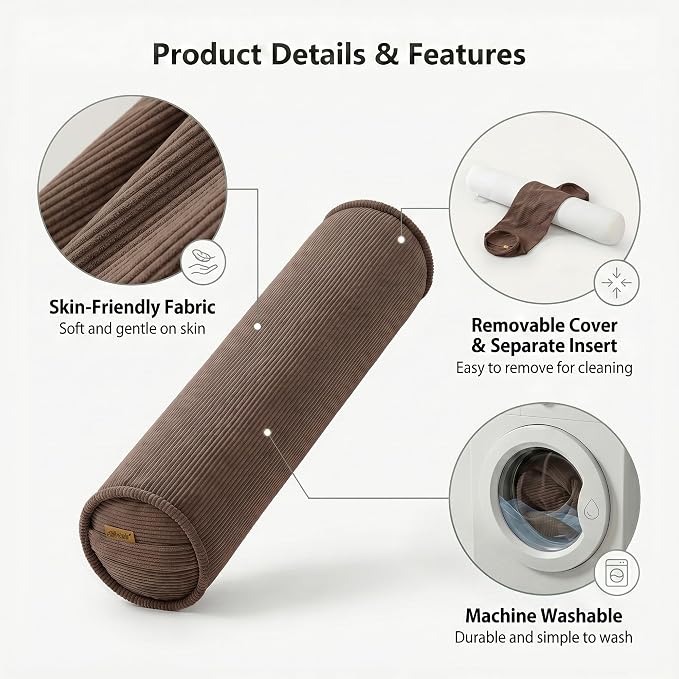 Corduroy Body Pillow for Side Sleepers, Cozy Bolster Pillow for Bed & Sofa, Soft Support Hugging Pillow for Relaxing Sleep, 47 x 7.87 Inches, Chocolate