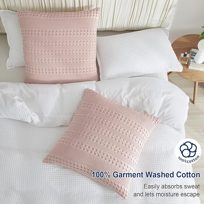 PHF 100% Cotton Waffle Weave Euro Sham Covers, 2 Pack 26" x 26" Bed Pillow Covers for Elegant Home Decor, No Filling, Luxury Aesthetic Soft Euro Pillow Cases for Bed, Pink