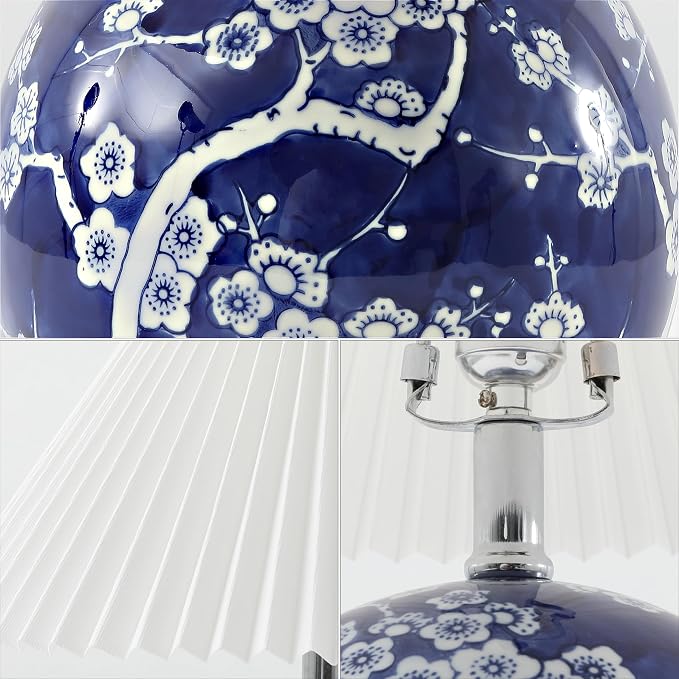 JONATHAN Y 19.5" Navy/White Shishen Chinoiserie Ceramic Table Lamp, Traditional Hand-Painted Floral Cottage Lamp with White Pleated Linen Shade, LED Bulb Included (JYL5056C)