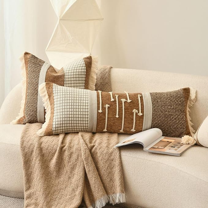 Burnt Orange Boho Lumbar Pillow Cover 14x36 Inches | Modern Farmhouse Long Lumbar Decorative Pillows Cushion Case with Handmade Drawn Work Tassel for Bed Couch