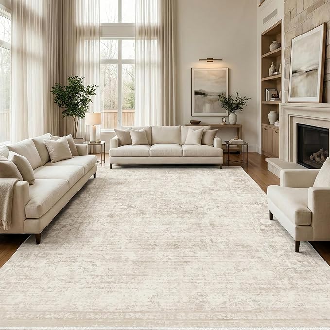 Homemate Washable Rug 10x14 Area Rugs - Vintage Faux Wool Rugs for Living Room Bedroom Dining Room - Non Slip Foldable Carpet Indoor Area Rug for Home Decor（10'x14', Beige