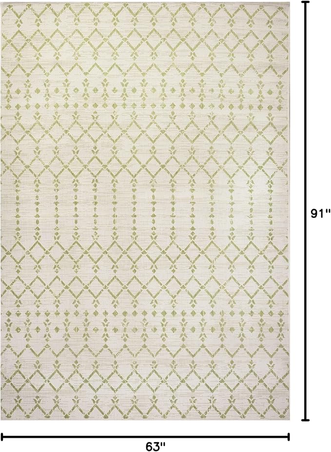 JONATHAN Y Moroccan Geometric Indoor Outdoor Area Rug 5X8 Cream/Green, Ourika Textured Weave for Backyard, Patio, Porch, Easy-Cleaning, High Traffic, Pet-Friendly, Non-Shedding (SMB108M-5)