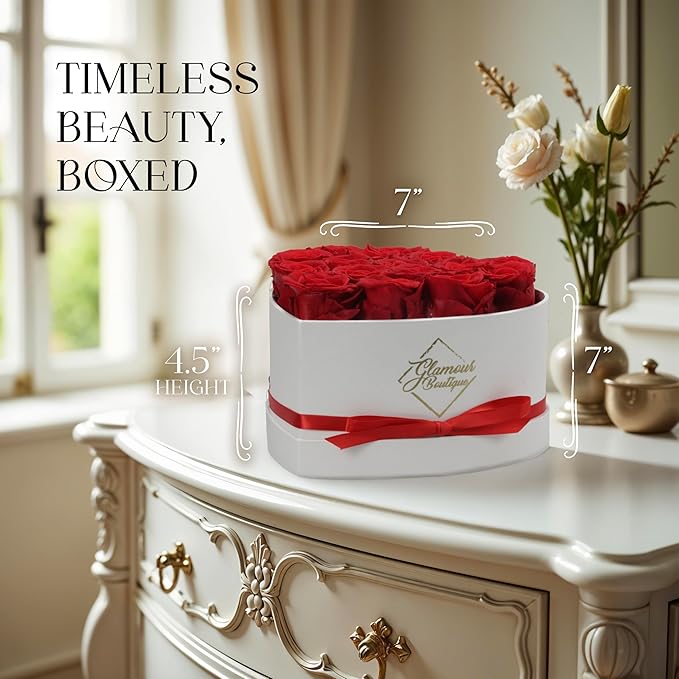 GLAMOUR BOUTIQUE Preserved Roses in a Box - Gifts for Her, Wife & Mom, Rose Flowers Forever Decor for Birthday Gift, Get Well Flower Bouquet Cased in White Box with Cover - Red - 16 (Color-Treated)