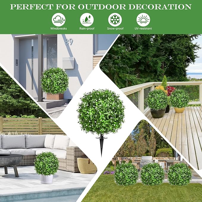 FAJUNZH Artificial Topiary Bushes for Outdoors with Spike, Boxwood Ball Fake Shrubs UV Resistant Faux Plants for Indoor Outdoor Fall Thanksgiving Halloween Decor (Gypsophila Boxwood White-2 Packs)