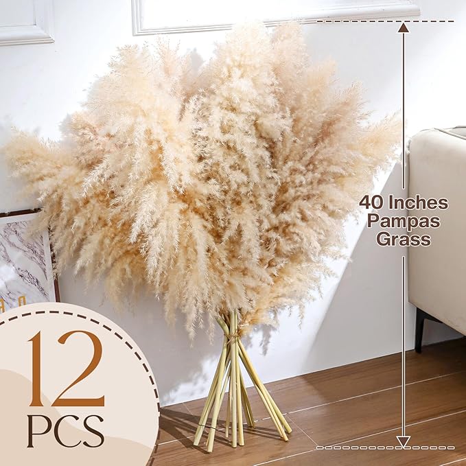 Pasuvsigt 12pcs 40'' Dried Pampas Grass Decor - Tall-Large Pampas Grass - Natural Beige - Boho Home Decor
